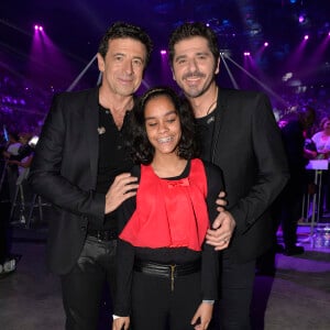 Exclusif - Patrick Bruel, Jane Constance (The Voice Kids saison 2) et Patrick Fiori dans les coulisses de la soirée événement Bercy fête ses 30 ans - Le concert anniversaire, diffusée le 4 décembre 2015, à l'AccorHotels Arena à Paris. © Veeren/Moreau