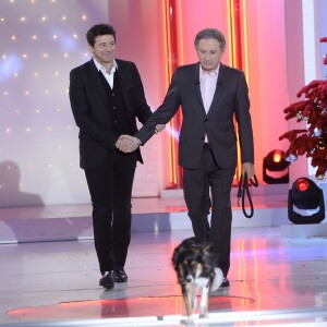 Patrick Bruel et Michel Drucker avec sa chienne Isia - Enregistrement de l'émission "Vivement Dimanche" à Paris le 16 Décembre 2015 et qui sera diffusée le 20 Décembre 2015. Invité principal Patrick Bruel