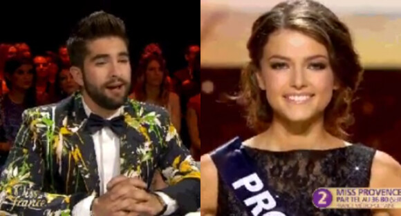 Kendji Girac totalement sous le charme de la jolie Miss Provence, Julia Courtès, lors de l'élection Miss France 2016, le samedi 19 décembre 2015 sur TF1
