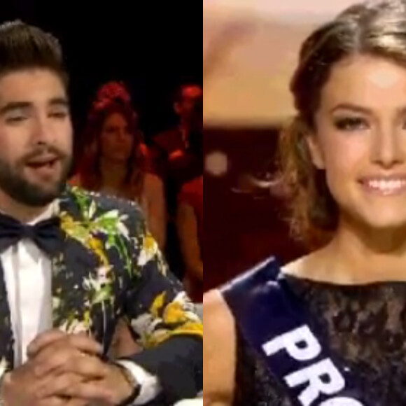 Kendji Girac totalement sous le charme de la jolie Miss Provence, Julia Courtès, lors de l'élection Miss France 2016, le samedi 19 décembre 2015 sur TF1