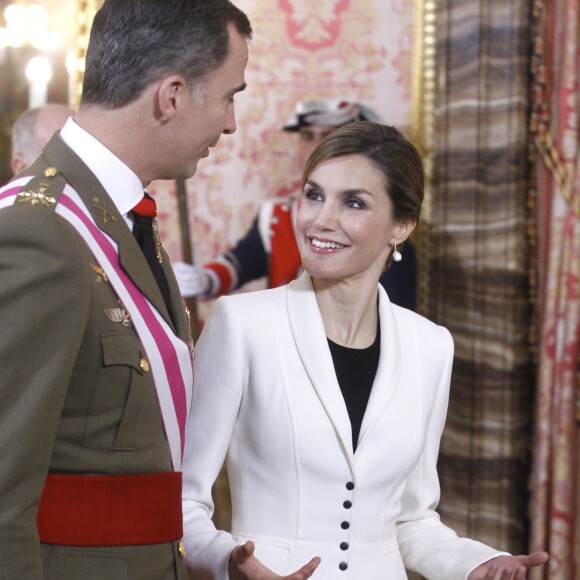 La reine Letizia d'Espagne participait le 6 janvier 2016 à la Pâque militaire, au palais du Pardo à Madrid.