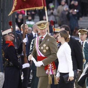 La reine Letizia d'Espagne participait le 6 janvier 2016 à la Pâque militaire, au palais du Pardo à Madrid.