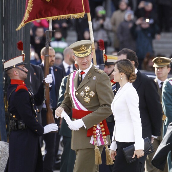 La reine Letizia d'Espagne participait le 6 janvier 2016 à la Pâque militaire, au palais du Pardo à Madrid.