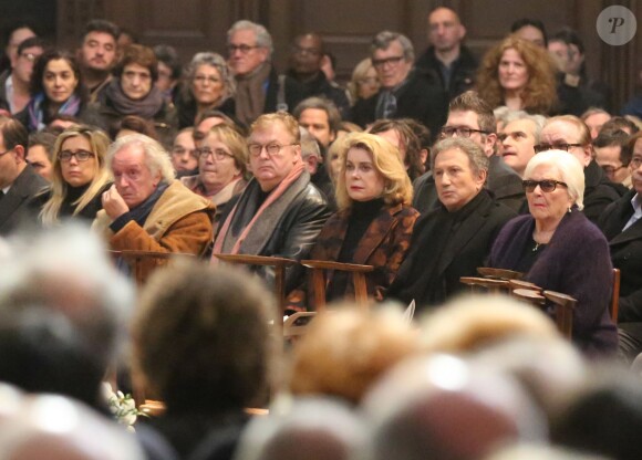 Didier Barbelivien et sa femme Laure, Dominique Besnehard, Catherine Deneuve, Michel Drucker et Line Renaud - Obsèques de Michel Delpech en l'église Saint-Sulpice à Paris, le 8 janvier 2016.
