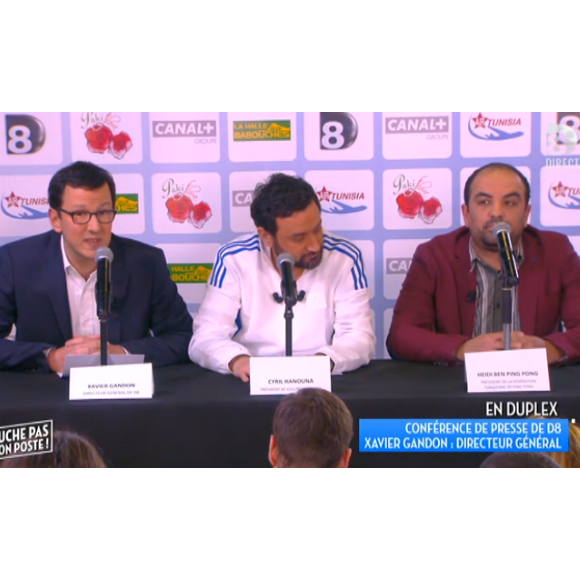 Xavier Gandon, le directeur général de D8 et de D17 aux côtés de Cyril Hanouna - Emission "Touche pas à mon poste" (D8), le 14 janvier 2016.