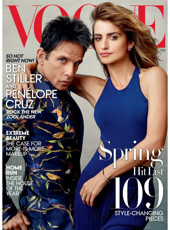 Couverture du VOGUE US du mois de février avec Ben Stiller (Zoolander) et Penelope Cruz, star féminine de ce deuxième volet