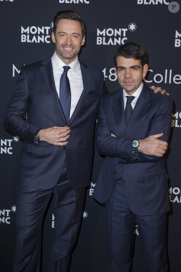Hugh Jackman et Jérôme Lambert (CEO de Montblanc) - Photocall du dîner Montblanc pour le SIHH (Salon International de la Haute Horlogerie) à Genève, le 18 janvier 2016. © Olivier Borde/Bestimage