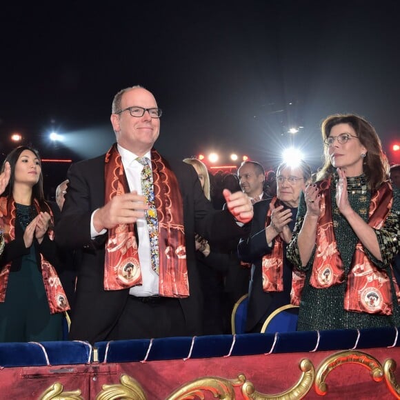 La princesse Stéphanie de Monaco, le prince Albert II de Monaco et la princesse Caroline de Hanovre lors du Golden Gala du 40e Festival International du Cirque de Monte-Carlo le 19 Janvier 2016. © Pool Monaco/Bestimage