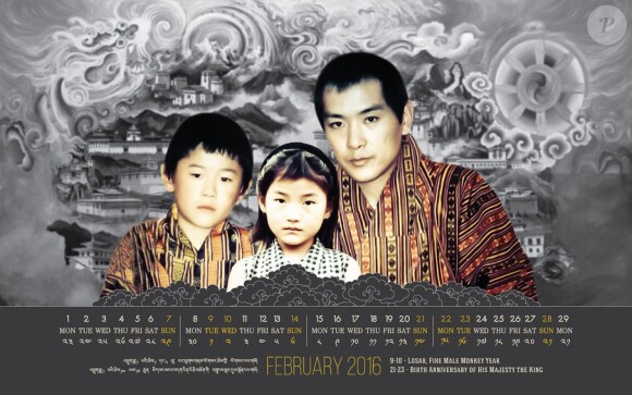 Le roi Jigme Khesar et la reine Jetsun Pema du Bhoutan (image de leur calendrier 2016) ont eu le 5 février 2016 leur premier enfant, un fils.