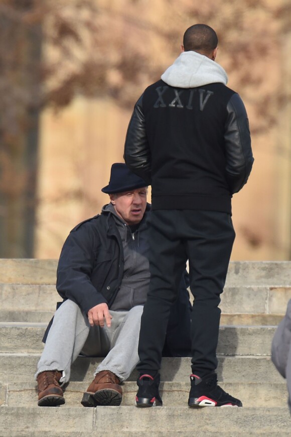 Sylvester Stallone et Michael B Jordan sur le tournage du film Creed à Philadelphie le 16 mars 2015