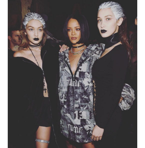 Les soeurs Hadid entourent la créatrice lors du défilé de Rihanna, Fenty x Puma, à New York durant la Fashion-Week, le 12 février 2016