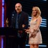 Editor of NME Mike Williams with Kylie Minogue on stage as she presents the Godlike Genius Award to Coldplay during the NME Awards 2016 with Austin, Texas at the O2 Brixton Academy in London, UK on February 17, 2016. Photo by PA Photos/ABACAPRESS.COM18/02/2016 - London