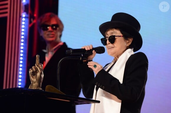 Yoko Ono collects the NME Inspiration Award on stage during the NME Awards 2016 with Austin, Texas at the O2 Brixton Academy in London, UK on February 17, 2016. Photo by Doug Peters/PA Photos/ABACAPRESS.COM18/02/2016 - London