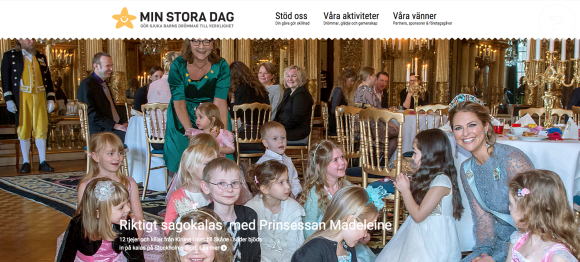 Capture d'écran de la page d'accueil de l'association Min Stora Dag, soutenue par la princesse Madeleine de Suède : la fille du couple royal (à droite) et sa fille la princesse Leonore (au fond), 2 ans, ont participé au palais à Stockholm, le 22 février 2016, à un goûter festif avec des enfants malades soutenus par l'organisme.