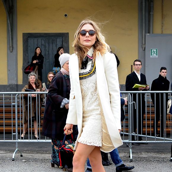 Elizabeth Olsen arrive au Via Valtellina, 7 pour assister au défilé Gucci. Milan, le 24 février 2016.