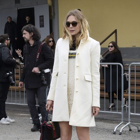 Elizabeth Olsen arrive au Via Valtellina, 7 pour assister au défilé Gucci. Milan, le 24 février 2016.