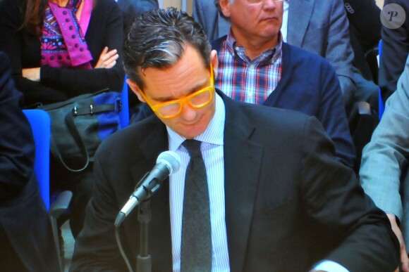 Iñaki Urdangarin devant les juges lors du procès Noos à Palma de Majorque le 26 février 2016. Le mari de l'infante Cristina d'Espagne, visé par cinq chefs d'inculpation et qui encourt jusqu'à près de 20 ans de prison, est accusé de détournement de fonds entre 2004 et 2006 lorsqu'il présidait l'Instituto Noos, un organisme à but non lucratif.