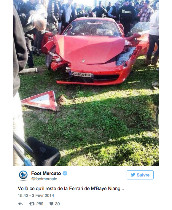 La Ferrari de Mbaye Niang après son accident en février 2014 à Montpellier