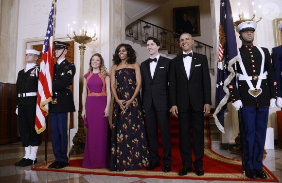 Le président Barack Obama, la première dame Michelle Obama à côté du premier ministre canadien Trudeau et sa femme Sophie Grégoire Trudeau au dîner d'état en l'honneur du premier ministre canadien et sa femme à la Maison Blanche à Washington. Le 10 mars 2016
