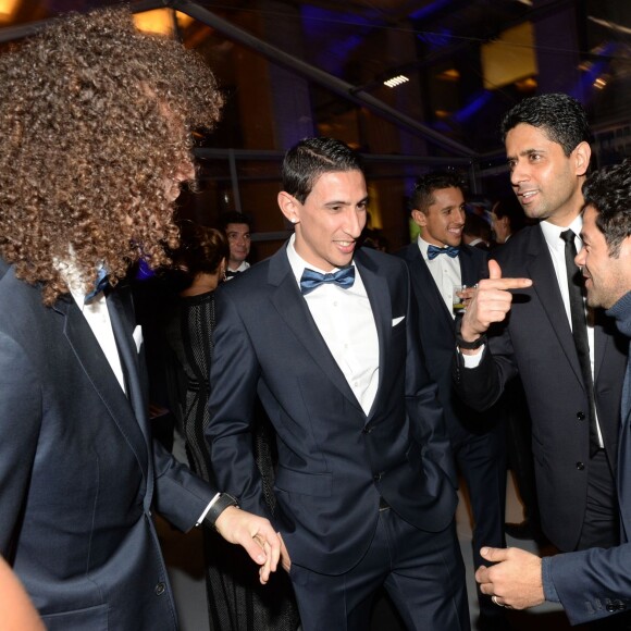 Exclusif - David Luiz, Jamel Debbouze, Angel Di Maria, Nasser Al-Khelaïfi - Le 3ème dîner de gala annuel de la Fondation Paris Saint-Germain (PSG) organisé place Vendôme à Paris, le 15 mars 2016.  © Rachid Bellak/Bestimage