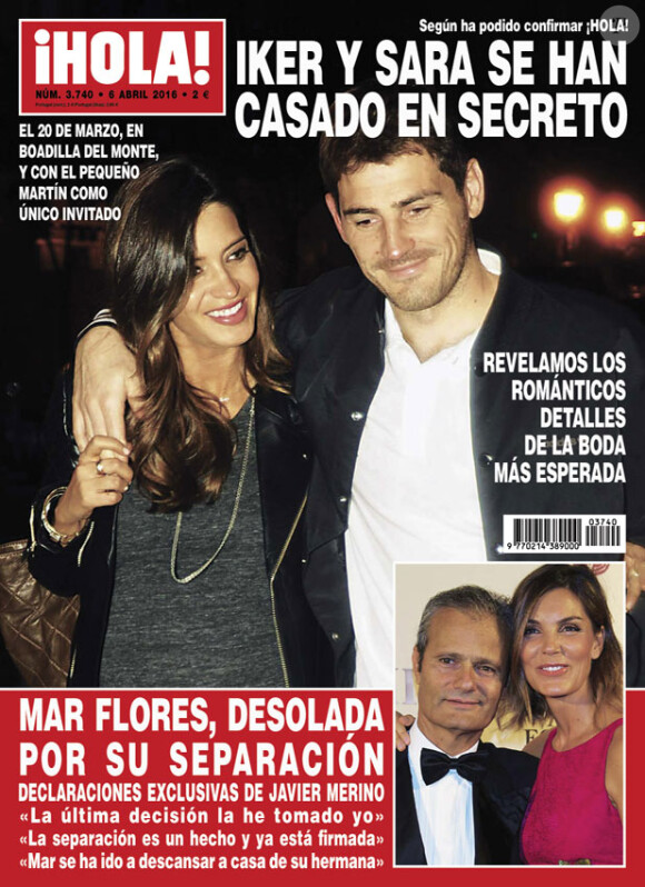 Iker Casillas et Sara Carbonero en couverture de l'hebdomadaire Hola! pour le numéro du 6 avril 2016, qui revient sur leur mariage célébré en secret le 20 mars.