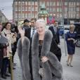 La reine Margrethe II de Danemark arrive à l'Hôtel d'Angleterre à Copenhague pour le dîner final de la visite officielle du président mexicain Enrique Peña Nieto, le 14 avril 2016.