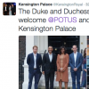 Le duc et la duchesse de Cambridge et le prince Harry ont reçu Barack Obama et Michelle Obama au palais de Kensington, leur résidence à Londres, le 22 avril 2016 pour un dîner privé dans le cadre de leur visite d'Etat au Royaume-Uni. Photo Twitter @KensingtonRoyal