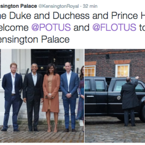 Le duc et la duchesse de Cambridge et le prince Harry ont reçu Barack Obama et Michelle Obama au palais de Kensington, leur résidence à Londres, le 22 avril 2016 pour un dîner privé dans le cadre de leur visite d'Etat au Royaume-Uni. Photo Twitter @KensingtonRoyal