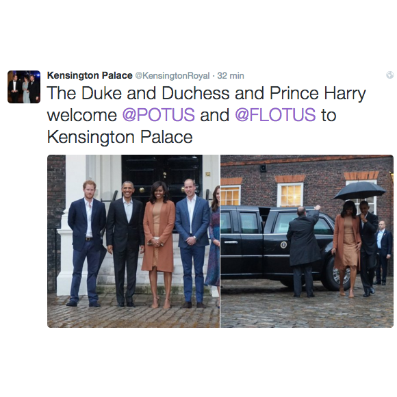 Le duc et la duchesse de Cambridge et le prince Harry ont reçu Barack Obama et Michelle Obama au palais de Kensington, leur résidence à Londres, le 22 avril 2016 pour un dîner privé dans le cadre de leur visite d'Etat au Royaume-Uni. Photo Twitter @KensingtonRoyal