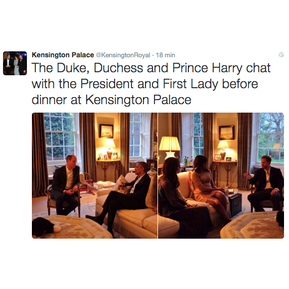 Le duc et la duchesse de Cambridge et le prince Harry ont reçu Barack Obama et Michelle Obama au palais de Kensington, leur résidence à Londres, le 22 avril 2016 pour un dîner privé dans le cadre de leur visite d'Etat au Royaume-Uni. Photo Twitter @KensingtonRoyal