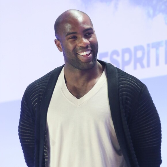 Teddy Riner à une conférence de presse France Télévisions "J-100 avant les Jeux olympiques de Rio 2016" au palais de Chaillot à Paris, le 27 avril 2016