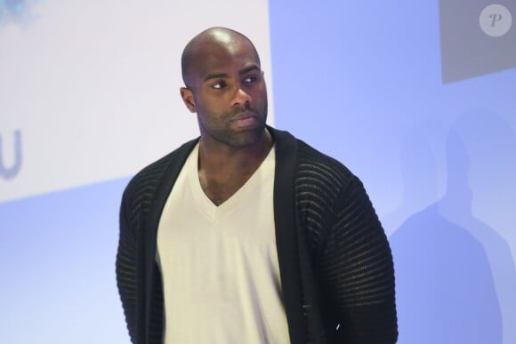 Teddy Riner à une conférence de presse France Télévisions "J-100 avant les Jeux olympiques de Rio 2016" au palais de Chaillot à Paris, le 27 avril 2016