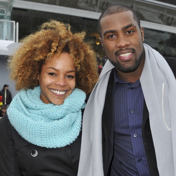 Teddy Riner et sa compagne Luthna à l'Hippodrome de Paris-Vincennes pour la journée en soutien aux maladies rares, le dimanche 20 janvier 2013