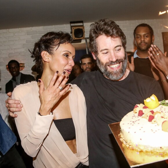 Exclusif - Sonia Rolland et son compagnon Jalil Lespert - Sonia Rolland fête ses 35 ans au restaurant "l'Atelier des Artistes" à Paris le 13 février 2016.