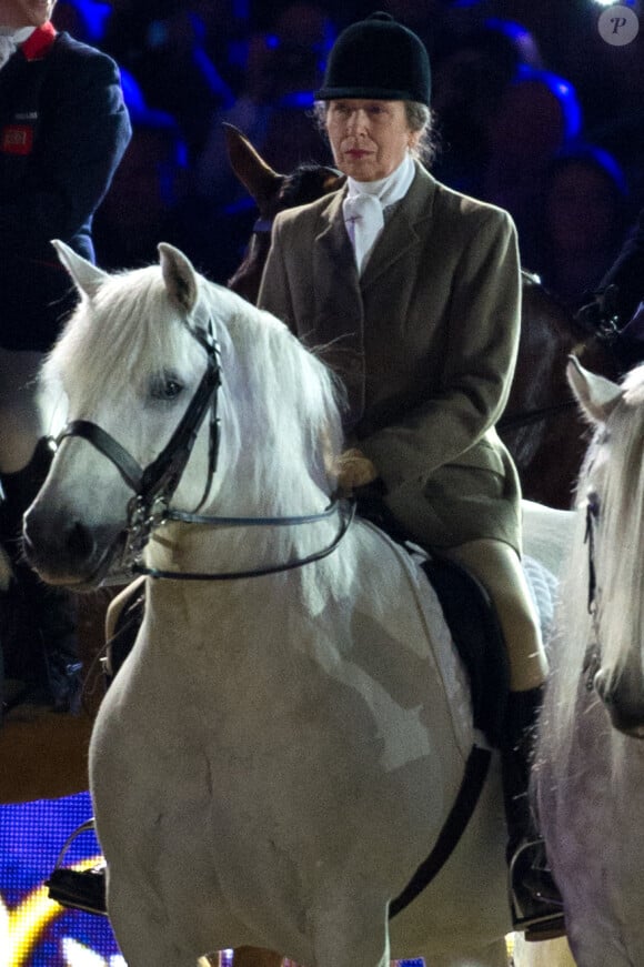La princesse Anne à cheval lors du spectacle équestre présenté le 15 mai 2016 au château de Windsor en l'honneur des 90 ans de la reine Elizabeth II.