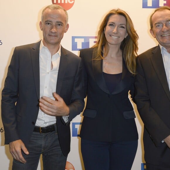 Gilles Bouleau, Anne-Claire Coudray et Jean-Pierre Pernaut - Conférence de presse de TF1 pour le lancement de l'Euro 2016 à Paris le 17 mai 2016. © Coadic Guirec/Bestimage