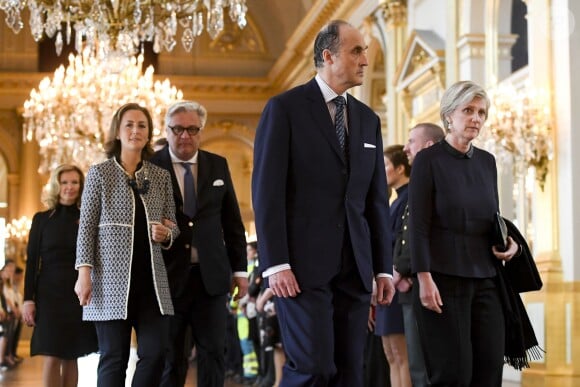 L'archiduc Lorenz et la princesse Astrid de Belgique, la princesse Claire et le prince Laurent de Belgique le 22 mai 2016 au palais royal à Bruxelles lors d'une cérémonie d'hommage aux victimes des attentats terroristes perpétrés le 22 mars 2016.