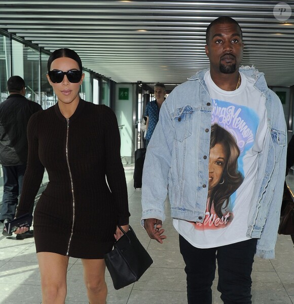 Kim Kardashian et Kanye West arrivent à l'aéroport Heathrow de Londres. Le 22 mai 2016