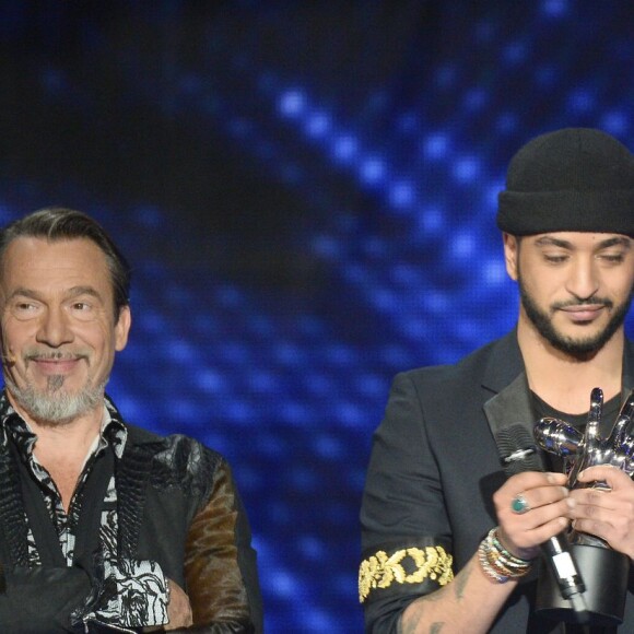 Semi-Exclusif - Florent Pagny, le gagnant, Slimane, et Nikos Aliagas - Plateau de la finale de l'émission "The Voice" à Paris. Le 14 mai 2016 © Coadic Guirec / Bestimage