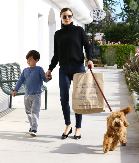 Miranda Kerr emmène son fils Flynn déjeuner au restaurant Ollo à Malibu. Ils promènent leur chien et font ensuite du shopping chez Toy Crazy. Le 4 mai 2016