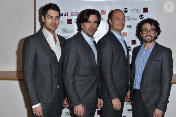 Les Stentors (Sébastien Lemoine, Vianney Guyonnet, Mowgli Laps et Mathieu Sempéré) - Photocall du concert de l'opération "Piéces Jaunes 2015" au Carré Belle-Feuille à Boulogne-Billancourt le 11 février 2015