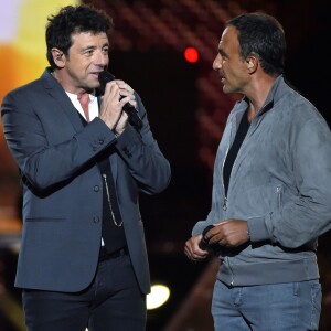 Exclusif - Patrick Bruel et Nikos Aliagas lors de l'émission de télévision pour TF1 "La Chanson de l'Année 2016" à Nîmes le 17 juin 2016. © Bruno Bebert / Bestimage