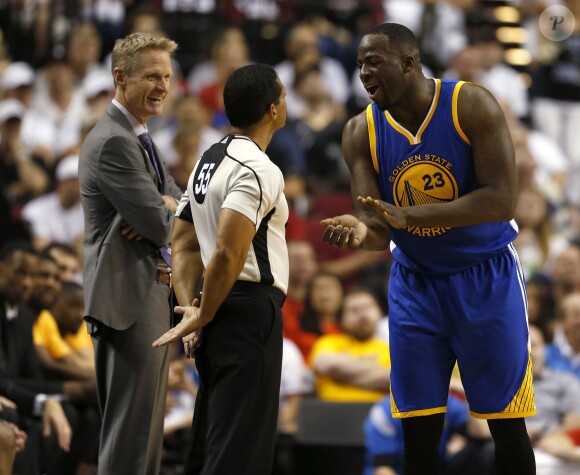 The Golden State Warriors' Draymond Green (23) disputes a call with official Bill Kennedy (55) during third-quarter action against the Portland Trail Blazers in Game 3 of the Western Conference semifinals at the Moda Center in Portland, Ore., on Saturday, May 7, 2016. The Blazers won, 120-108, to trim the Warriors' series lead to 2-1. (Nhat V. Meyer/Bay Area News Group/TNS)07/05/2016 - 