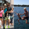 A gauche : Olivier Giroud avec sa femme Jennifer et leur fille Jade à Saint-Tropez le 19 juillet 2016. A droite : Olivier Giroud et M. Pokora font une bombe, le 21 juillet.