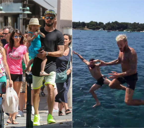 A gauche : Olivier Giroud avec sa femme Jennifer et leur fille Jade à Saint-Tropez le 19 juillet 2016. A droite : Olivier Giroud et M. Pokora font une bombe, le 21 juillet.