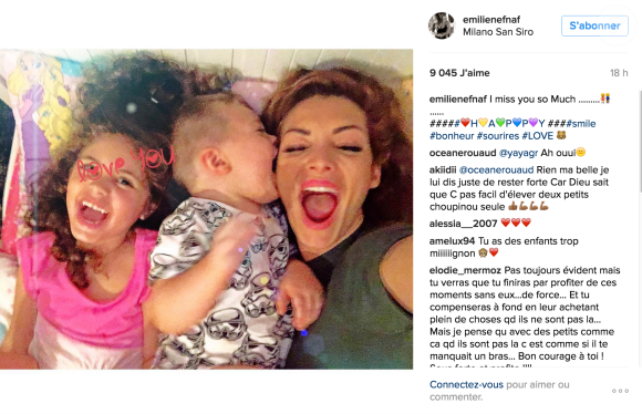 Sur Instagram, Emilie Nef Naf dévoile une photo de ses deux enfants et écrit qu'ils lui manquent énormément le 10 juin 2016.