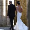 Minttu Virtanen, au bras de son père et dans sa robe Armani, arrive à l'abbaye San Galgano pour son mariage avec Kimi Räikkönen, le 7 août 2016 dans la province de Sienne, en Toscane. Photo by Claudio Giovannini/Ansa/ABACAPRESS.COM