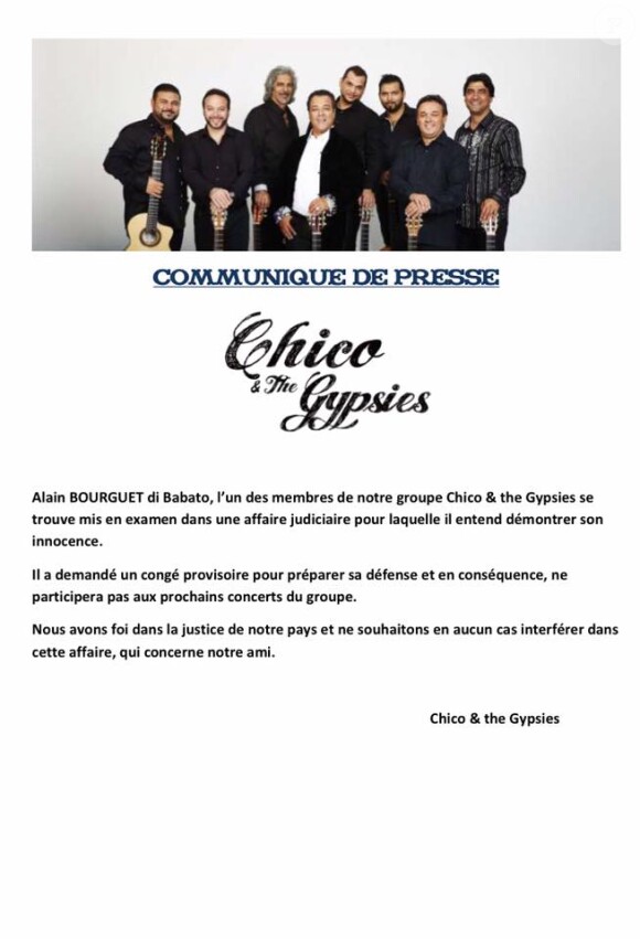 Communiqué officiel de Chico Bouchikhi au nom du groupe Chico & the Gypsies suite à la mise en examen de Babato (Alain Bourguet) pour agression sexuelle aggravée le 17 août 2016 à Nîmes.