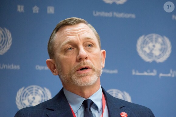 Daniel Craig, nommé premier Mandataire mondial des Nations Unies pour l'élimination des mines et engins explosifs, en conférence de presse à l'ONU à New York. Le 4 avril 2016