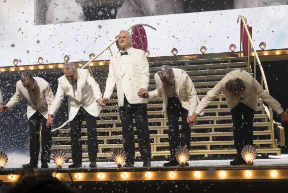 Michael Palin, Terry Gilliam, John Cleese, Terry Jones et Eric Idle lors de la première du nouveau spectacle des Monty Python à Londres, le 1er juillet 2014